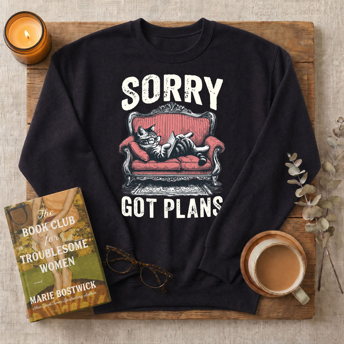 Sorry Got Plans Reading Cat Crewneck Sweatshirt