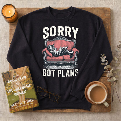 Sorry Got Plans Reading Cat Crewneck Sweatshirt