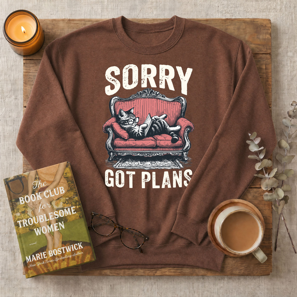 Sorry Got Plans Reading Cat Crewneck Sweatshirt