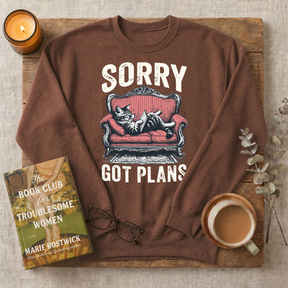 Sorry Got Plans Reading Cat Crewneck Sweatshirt