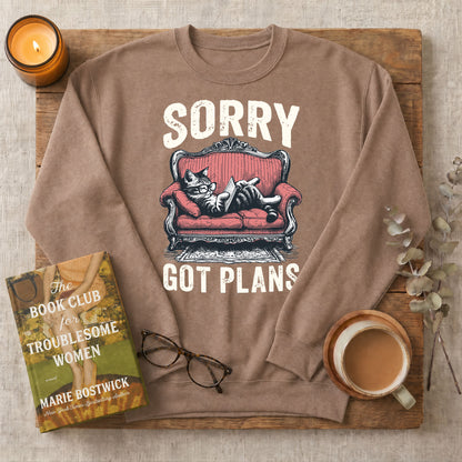 Sorry Got Plans Reading Cat Crewneck Sweatshirt