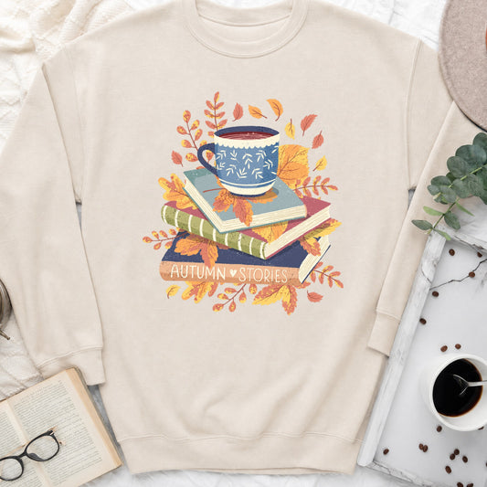 Autumn Stories Book Stack Crewneck Sweatshirt, Cozy Fall Sweatshirt for Readers