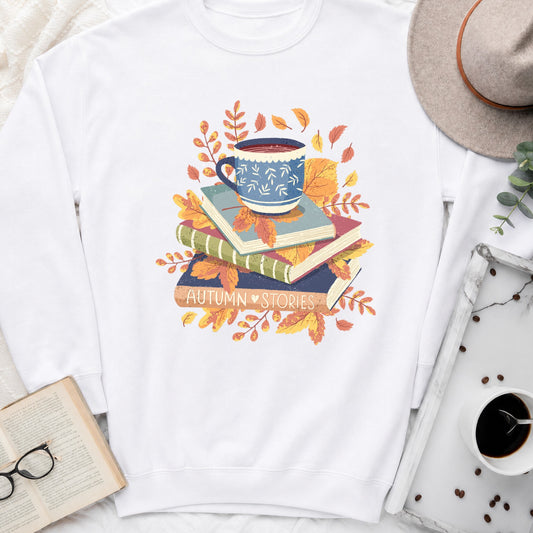 Autumn Stories Book Stack Crewneck Sweatshirt, Cozy Fall Sweatshirt for Readers