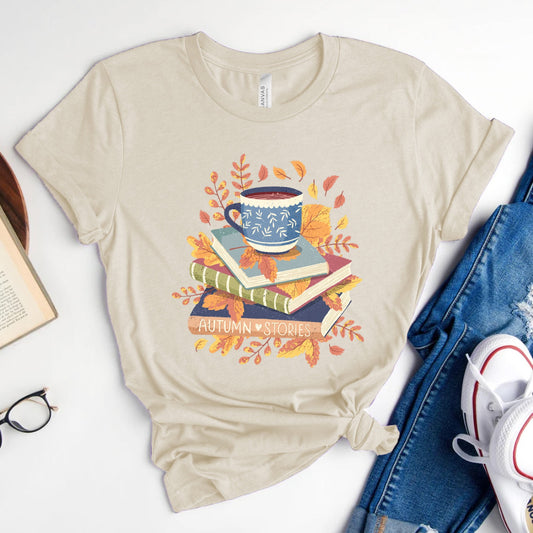 Autumn Stories Book Stack Tee, Cozy Fall Shirt for Readers