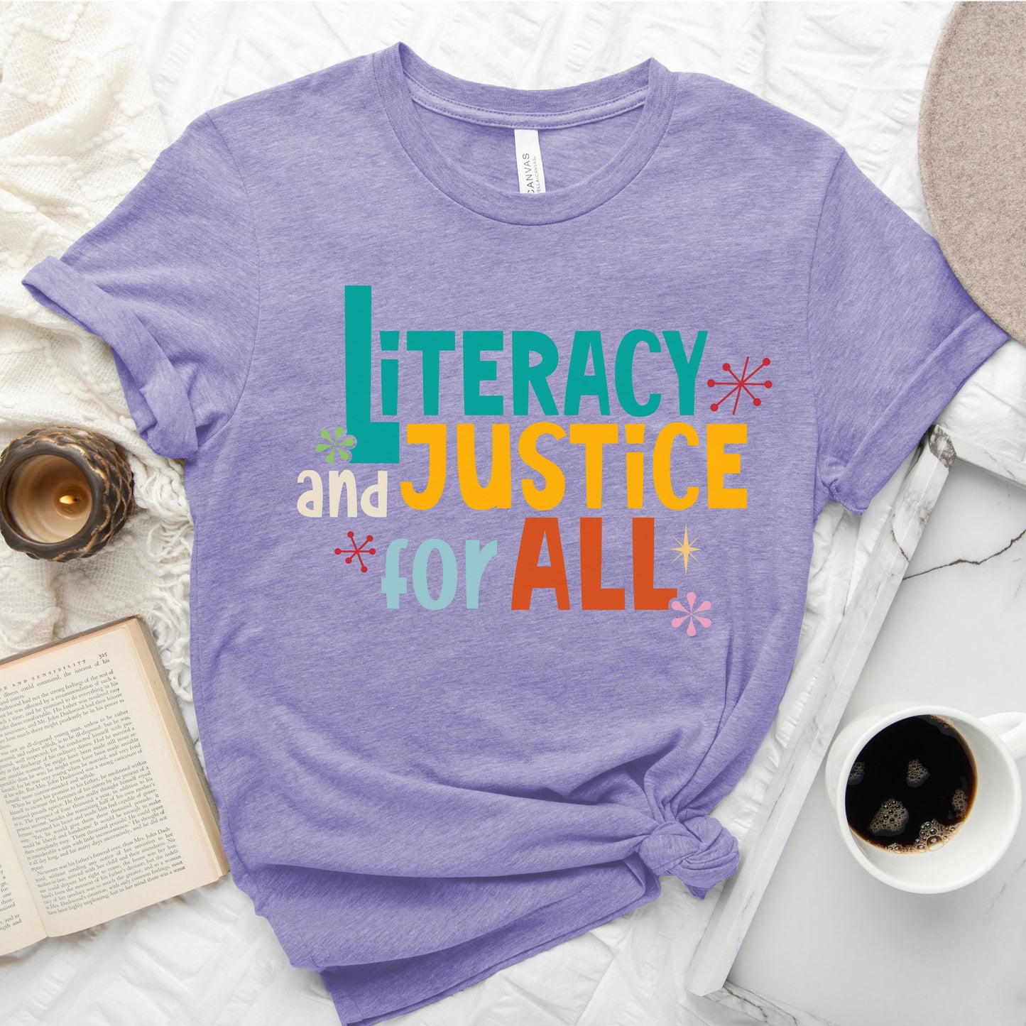 Literacy and Justice for All Tee – Statement Shirt for Readers
