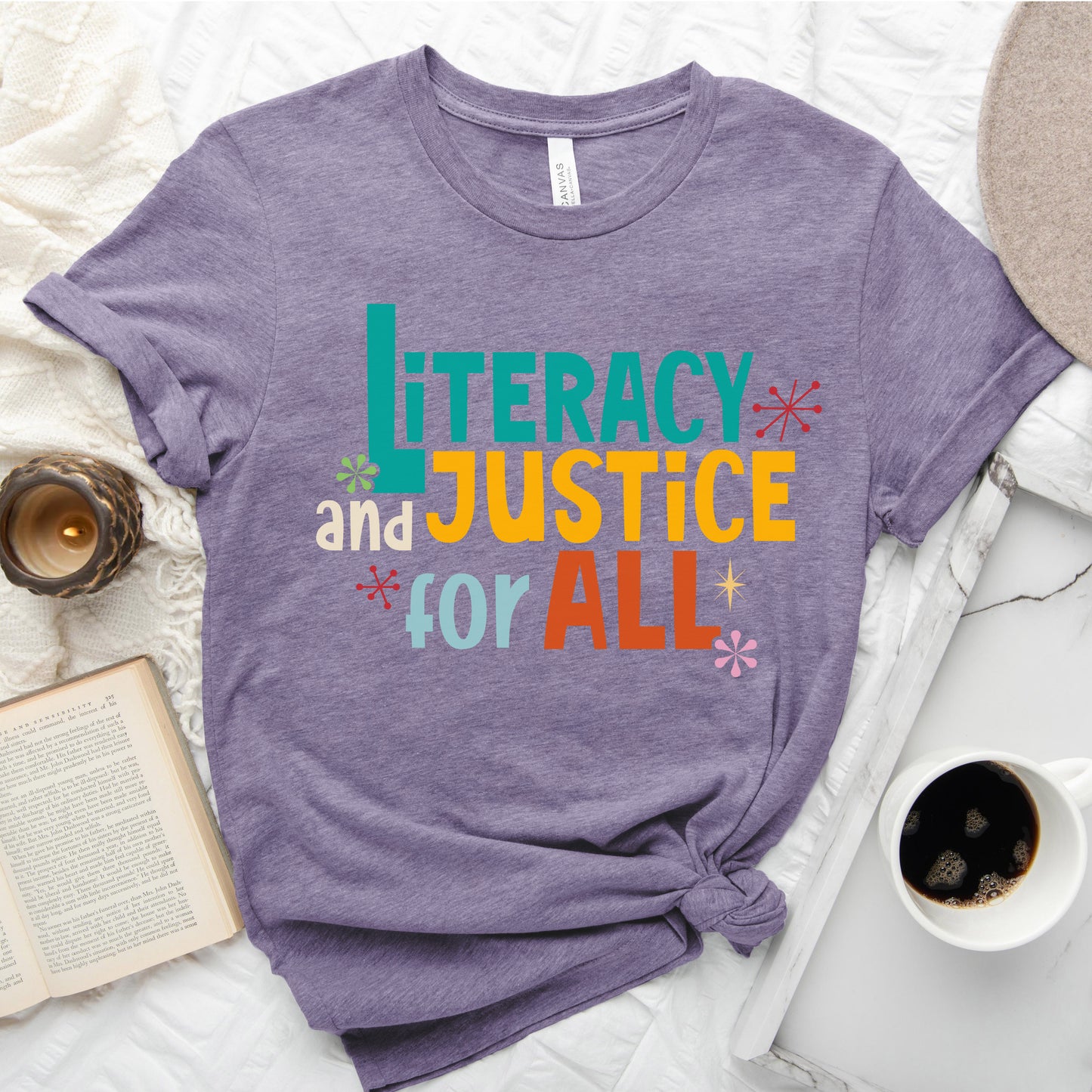 Literacy and Justice for All Tee – Statement Shirt for Readers