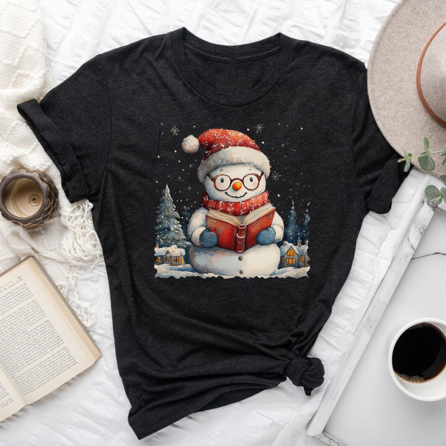 Bookish Snowman Tee – Cozy Winter Reading Shirt