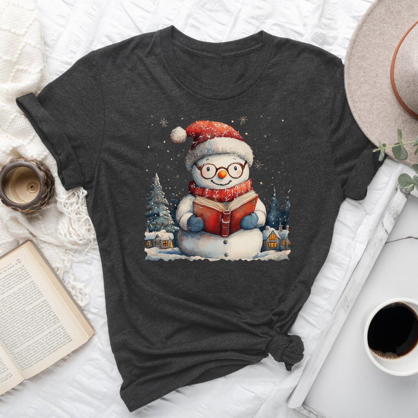 Bookish Snowman Tee – Cozy Winter Reading Shirt