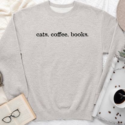 Cats Coffee Books Sweatshirt or Hoodie, Cozy Cat Lover Crewneck