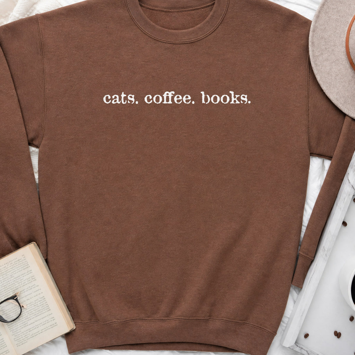 Cats Coffee Books Sweatshirt or Hoodie, Cozy Cat Lover Crewneck
