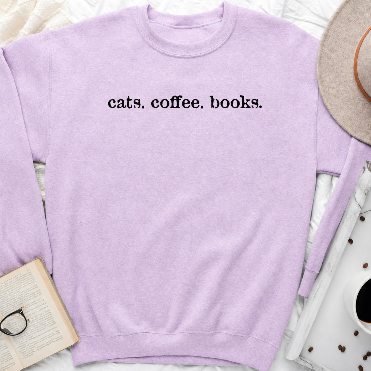 Cats Coffee Books Sweatshirt or Hoodie, Cozy Cat Lover Crewneck