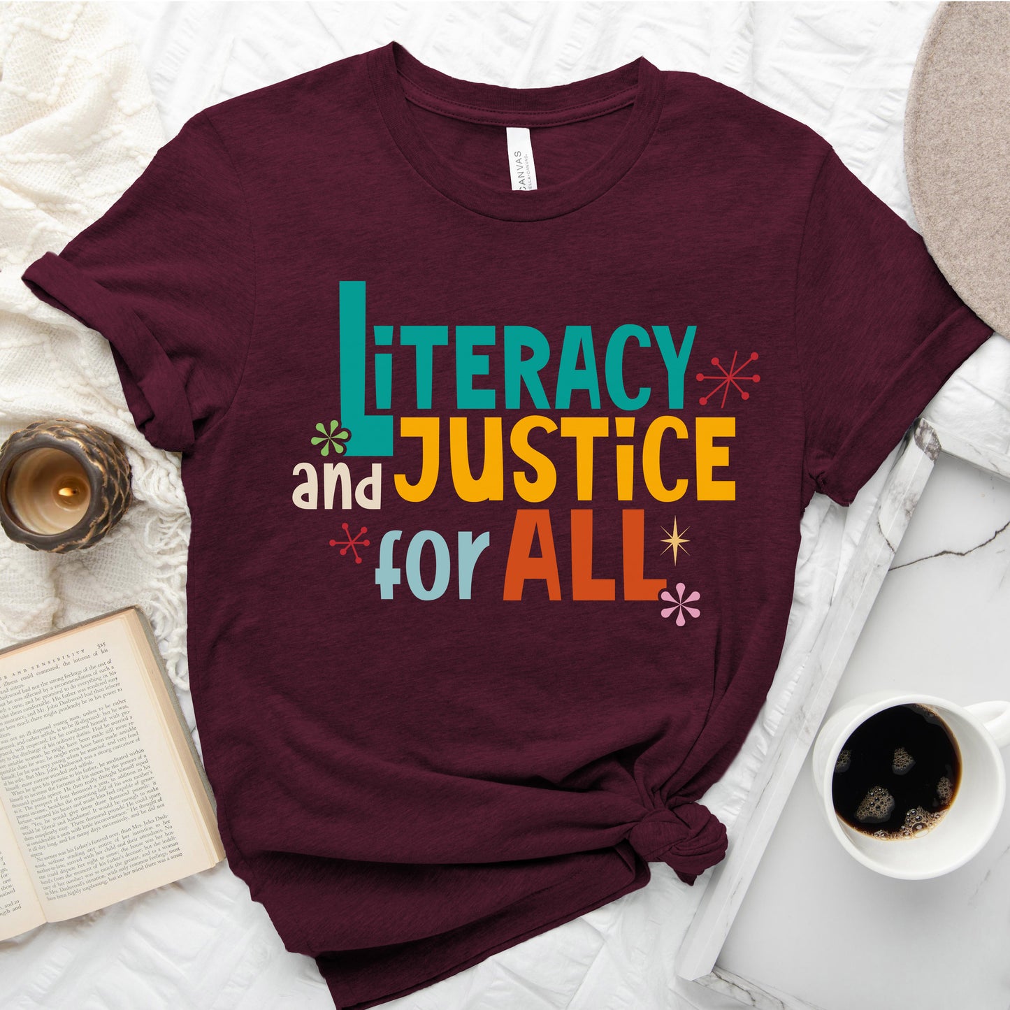 Literacy and Justice for All Tee – Statement Shirt for Readers