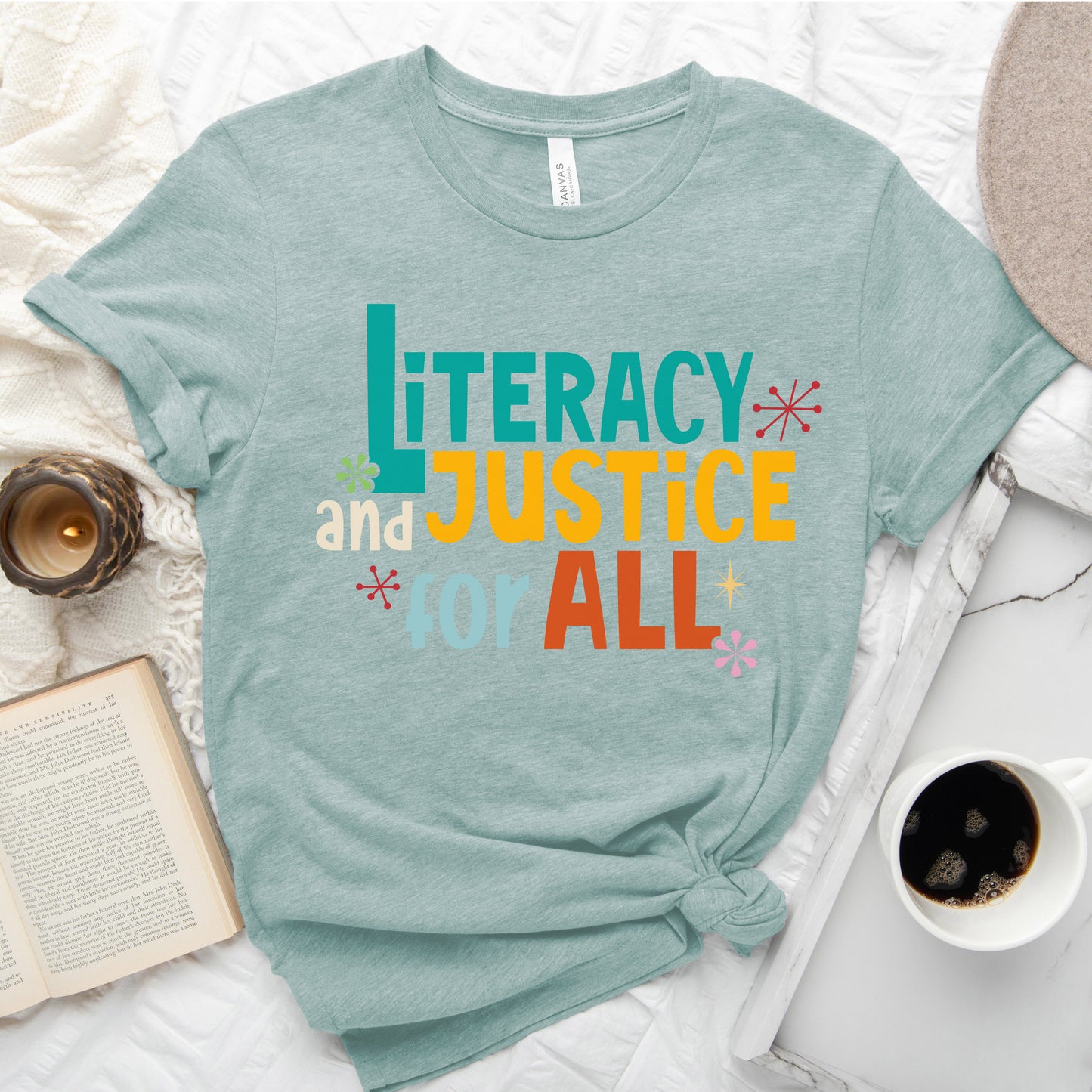 Literacy and Justice for All Tee – Statement Shirt for Readers