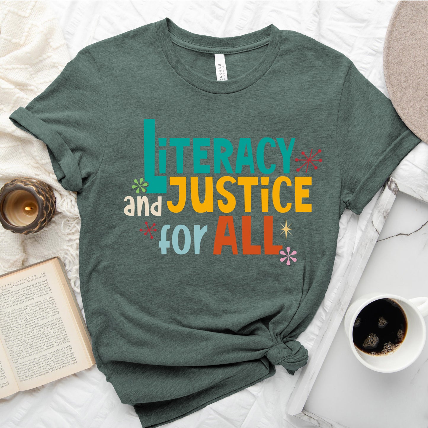 Literacy and Justice for All Tee – Statement Shirt for Readers