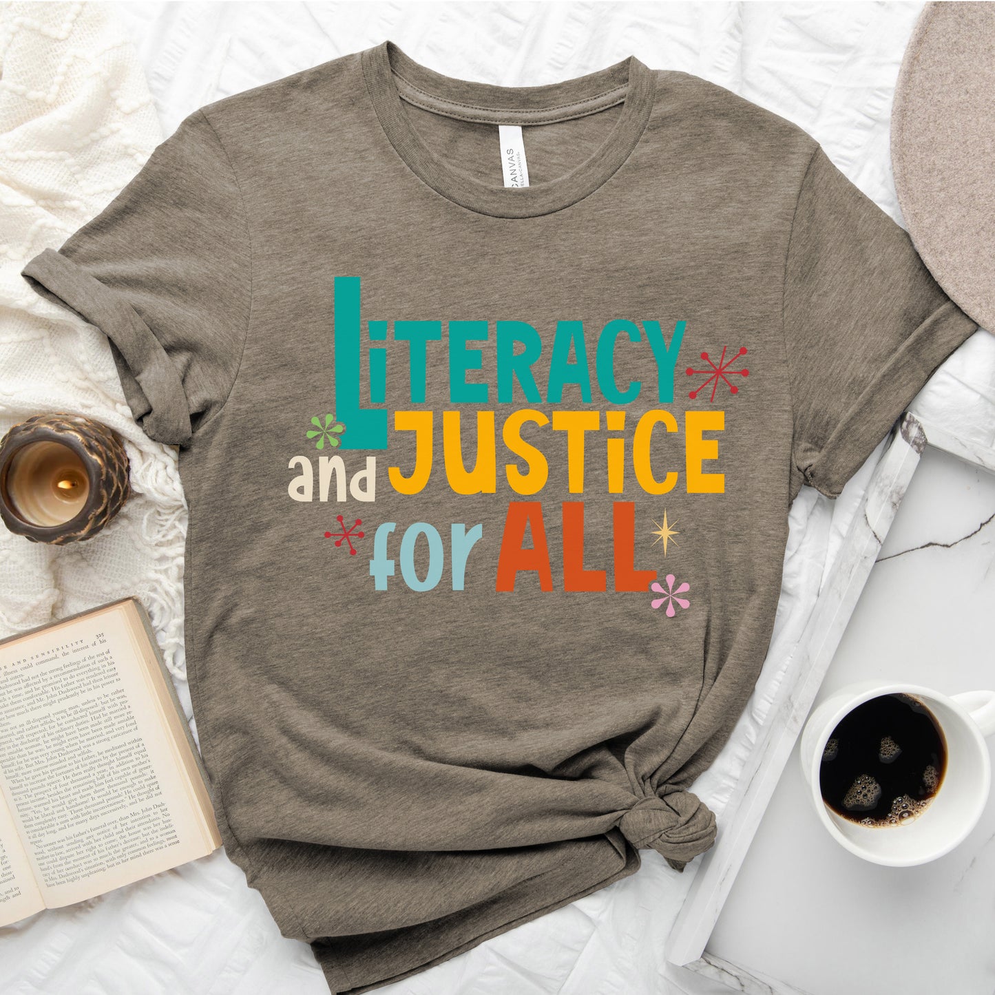 Literacy and Justice for All Tee – Statement Shirt for Readers