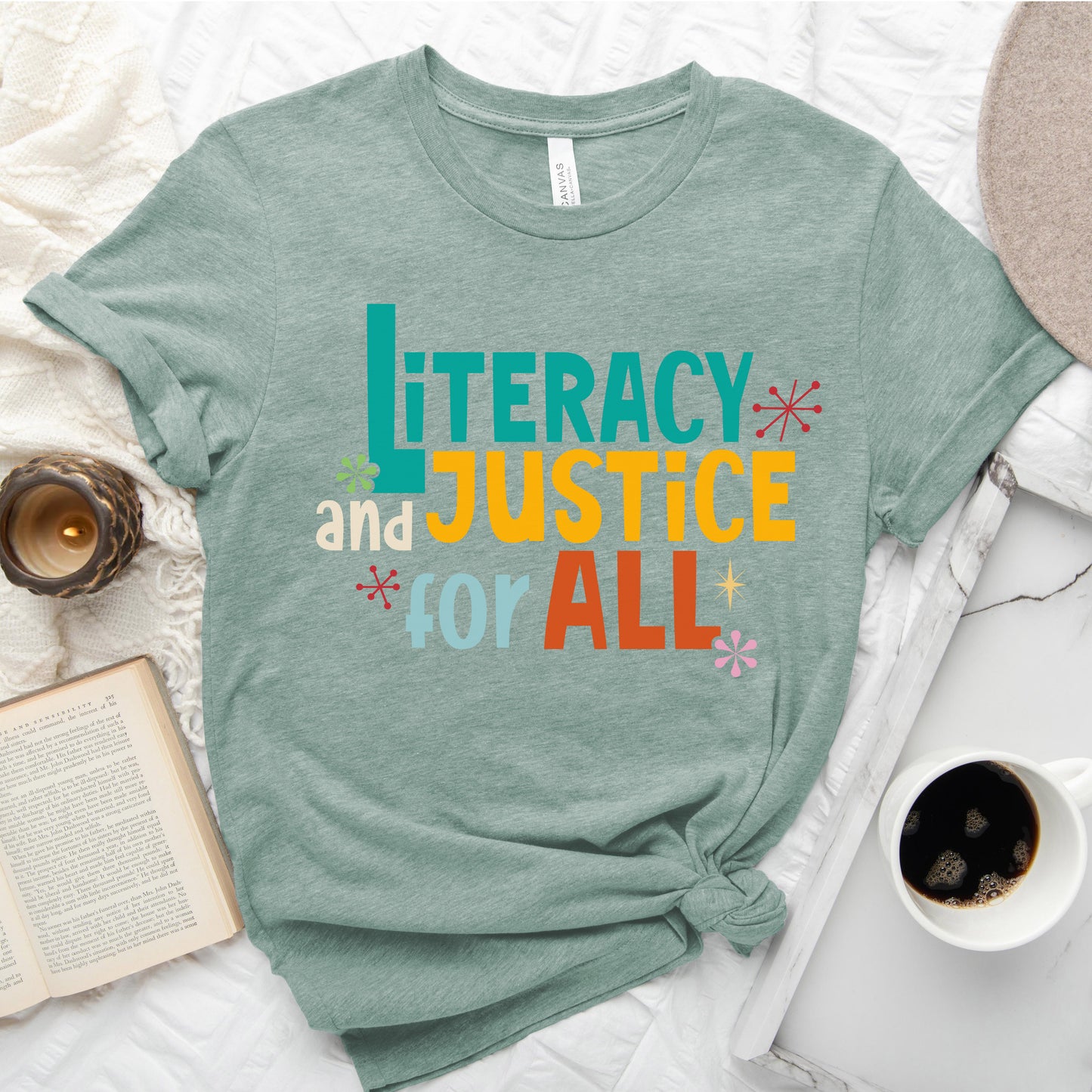 Literacy and Justice for All Tee – Statement Shirt for Readers