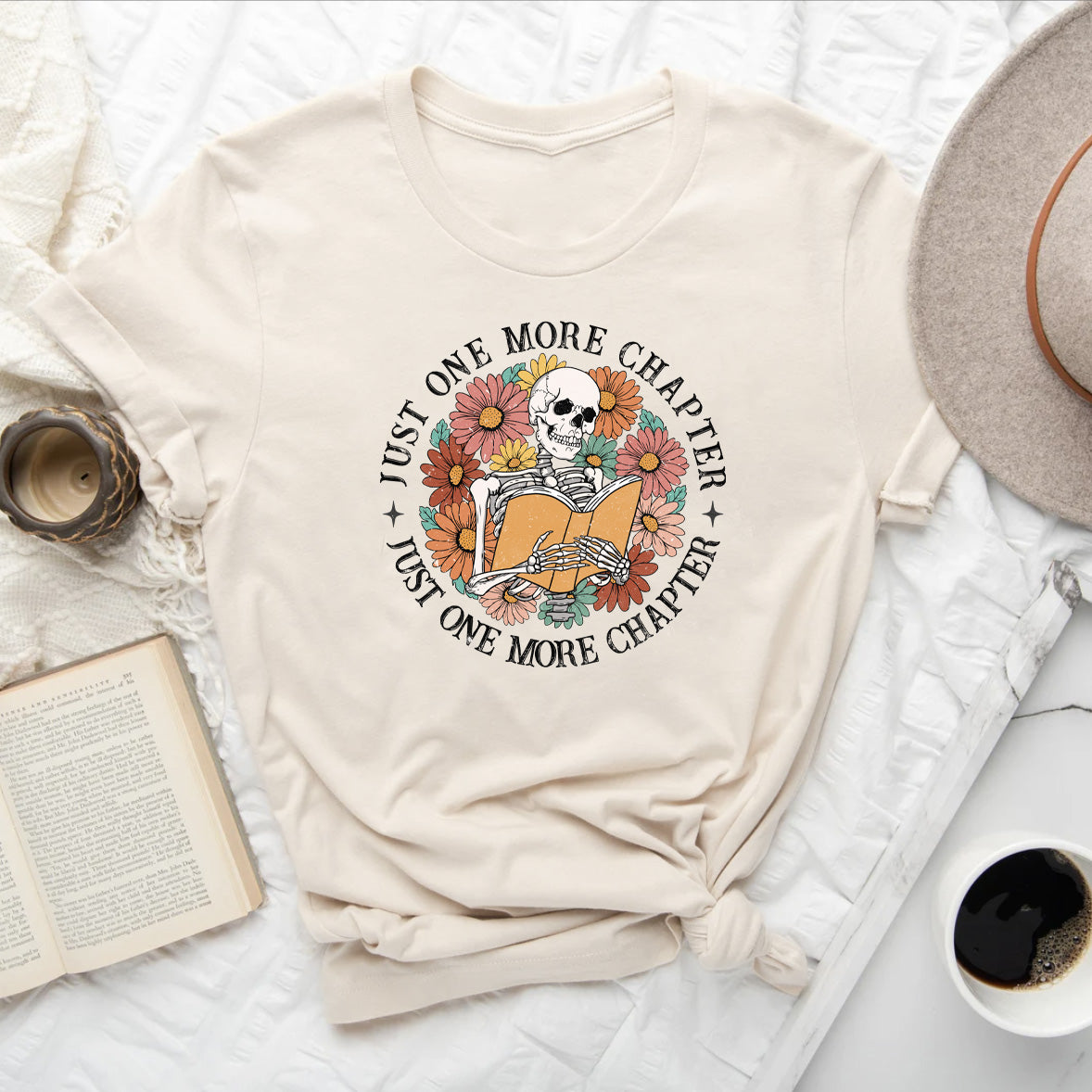 Just One More Chapter Skeleton Bookish Tee