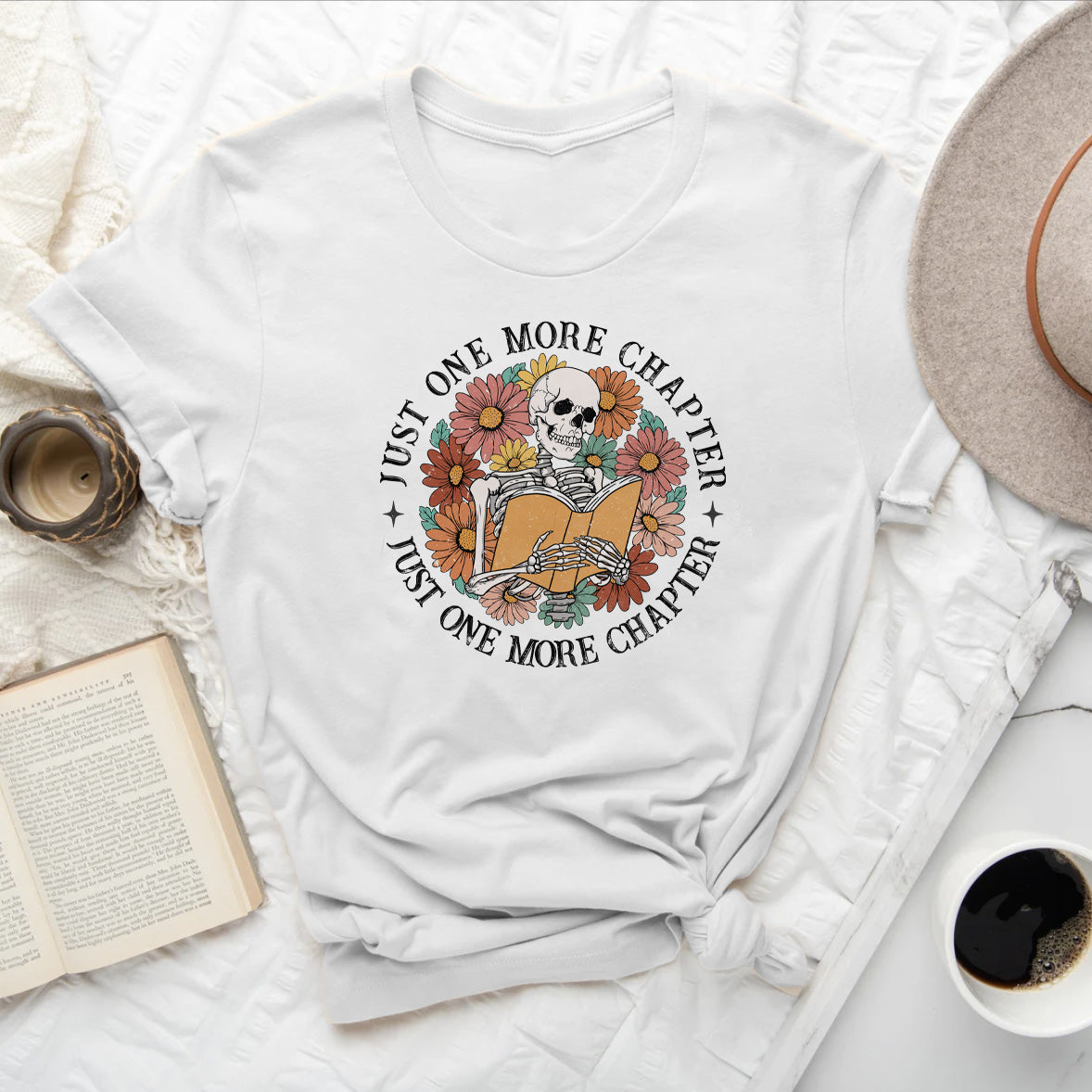 Just One More Chapter Skeleton Bookish Tee
