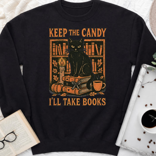 Keep the Candy, I'll Take Books Black Cat Crewneck Sweatshirt, Halloween Sweatshirt for Readers