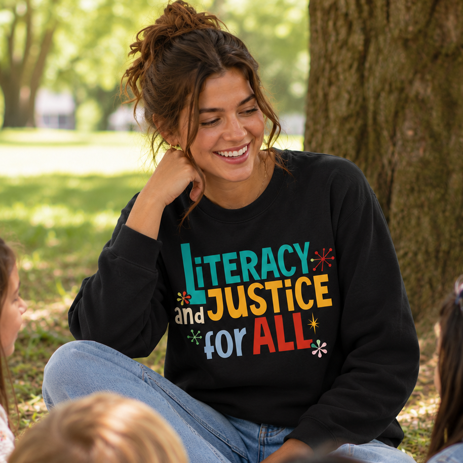 A woman sitting outdoors in a park among children, wearing a black crewneck sweatshirt with a colorful text graphic that reads 'LITERACY and JUSTICE for ALL'.