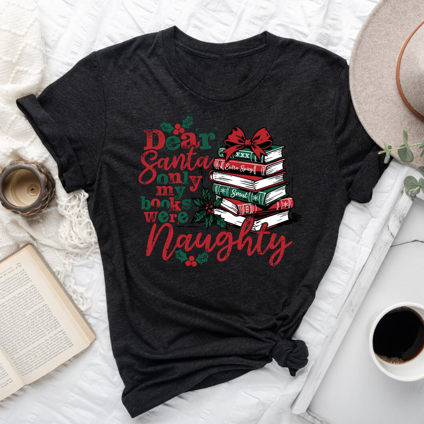 Dear Santa Naughty Books Tee – Short Sleeve Christmas Shirt for Book Lovers