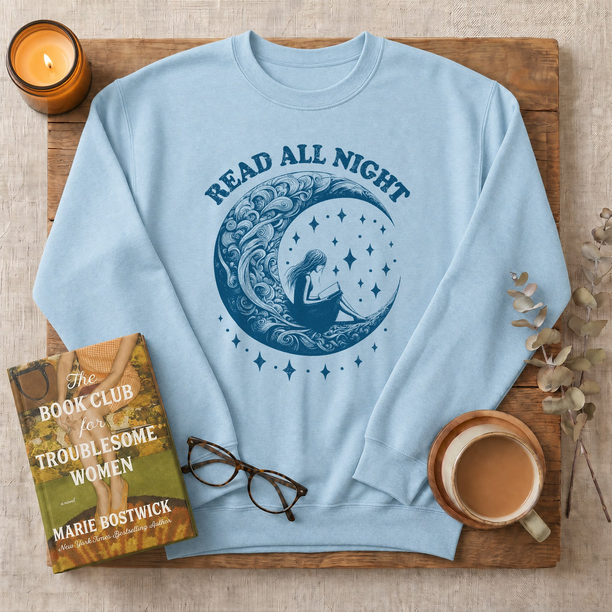 Read All Night Moon Sweatshirt or Hoodie, Celestial Book Lover Crewneck