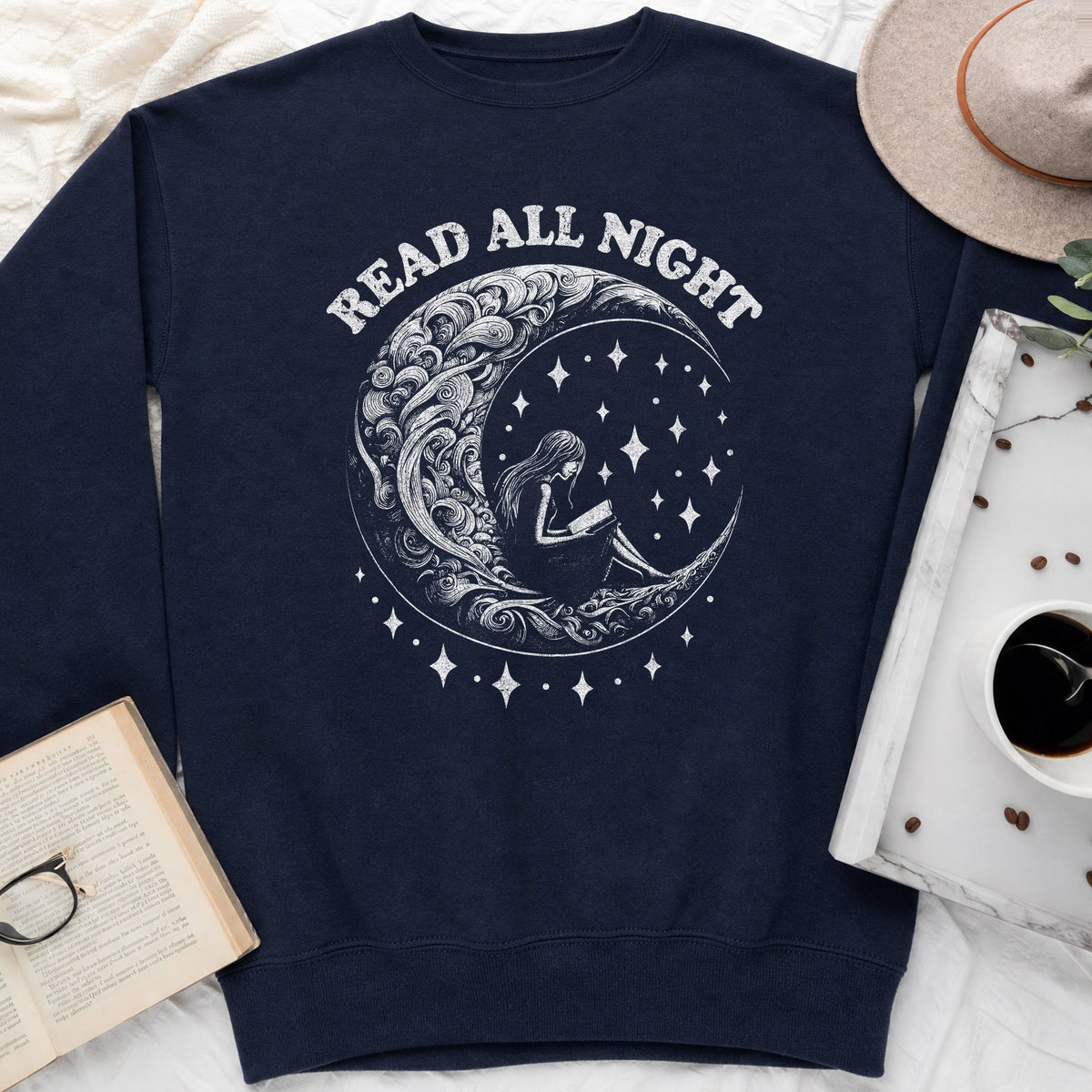 Read All Night Moon Sweatshirt or Hoodie, Celestial Book Lover Crewneck