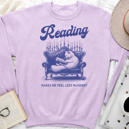 Reading Makes Me Feel Less Murdery Crewneck Sweatshirt, Funny Cat Book Lover Sweatshirt