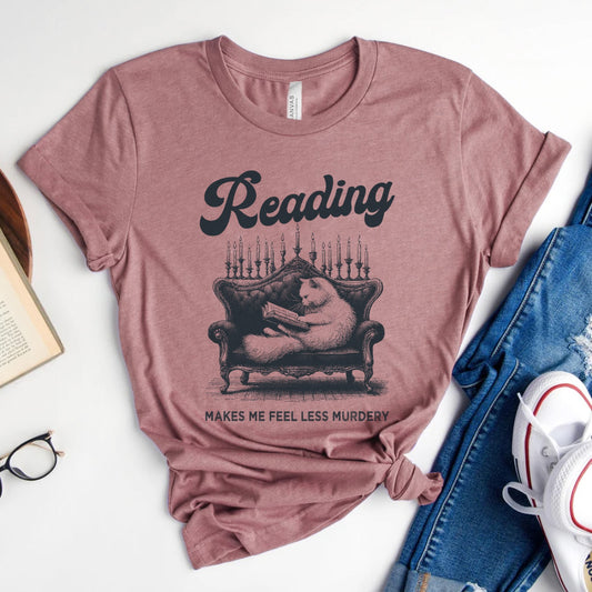 Reading Makes Me Feel Less Murdery Tee, Funny Cat Shirt for Readers