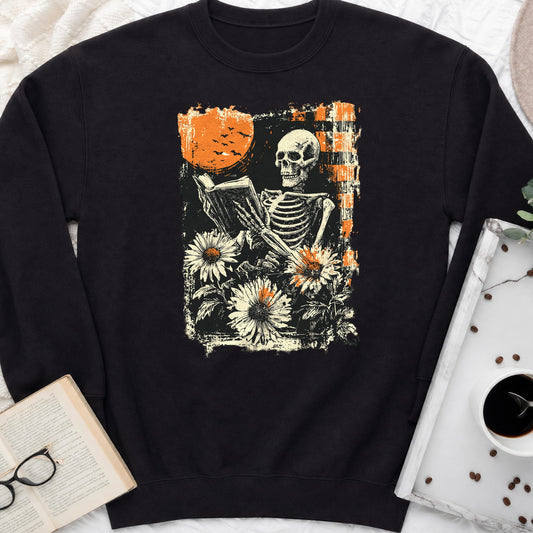 Reading Skeleton Sunflowers Crewneck Sweatshirt, Spooky Season Sweatshirt for Book Lovers