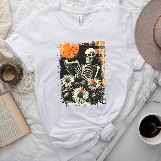 Reading Skeleton Sunflowers Tee, Spooky Season Shirt for Book Lovers