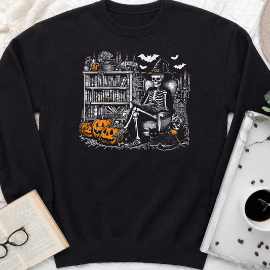 Skeleton Witch Library Crewneck Sweatshirt, Halloween Sweatshirt for Book Lovers