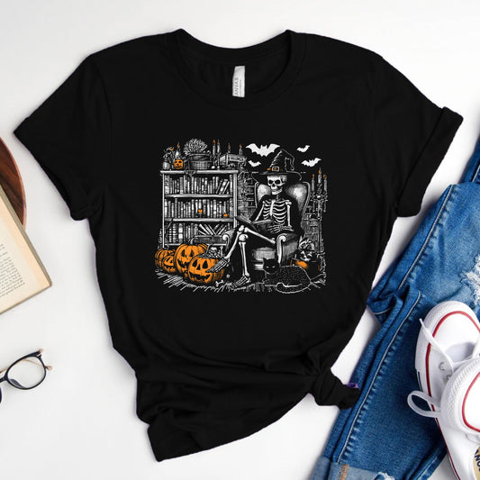 Skeleton Witch Library Tee, Halloween Shirt for Book Lovers