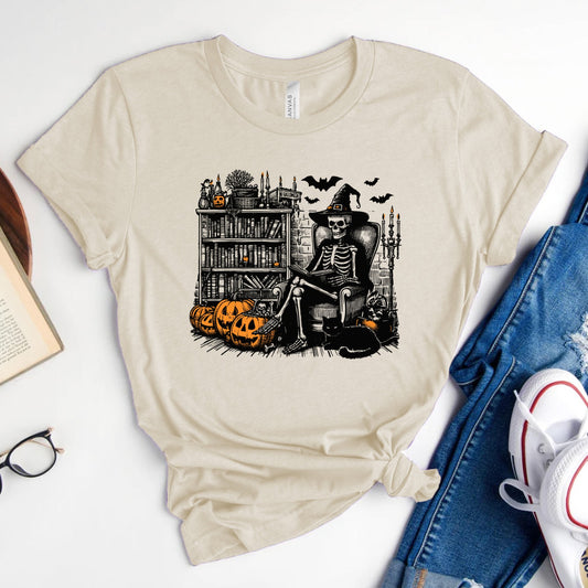 Skeleton Witch Library Tee, Halloween Shirt for Book Lovers