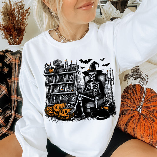 Skeleton Witch Library Crewneck Sweatshirt, Halloween Sweatshirt for Book Lovers