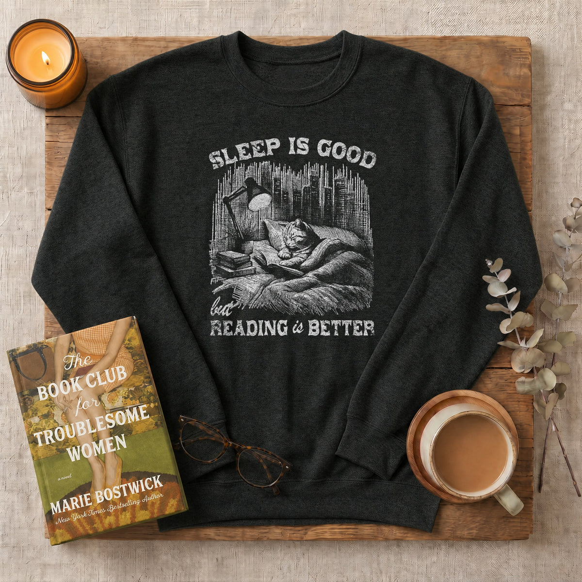 Sleep Is Good But Reading Is Better Sweatshirt or Hoodie, Cat Book Lover Crewneck