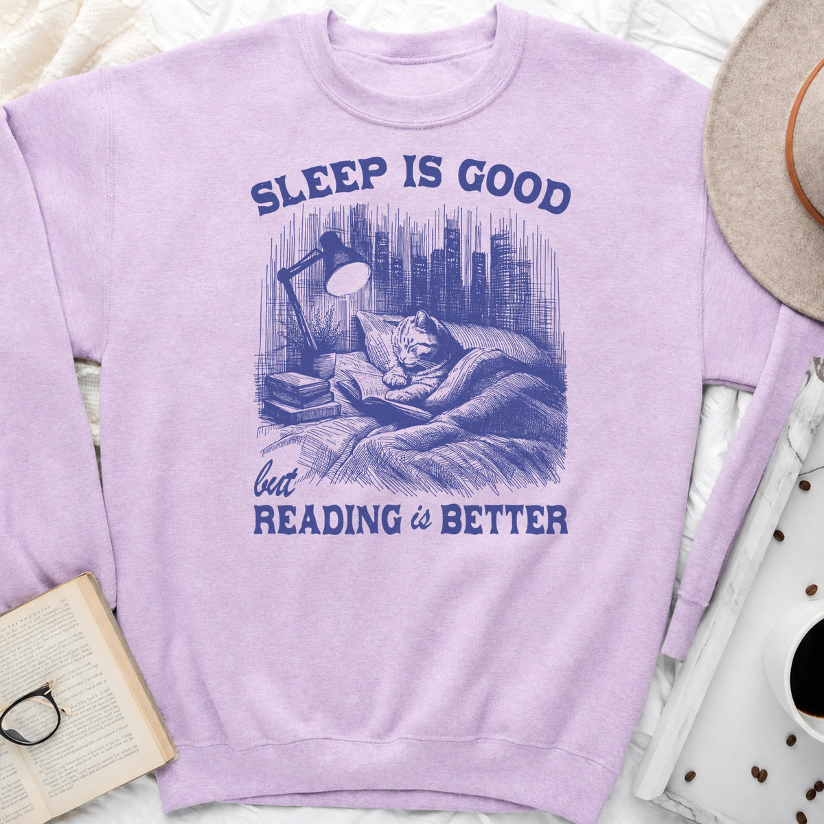 Sleep Is Good But Reading Is Better Sweatshirt or Hoodie, Cat Book Lover Crewneck