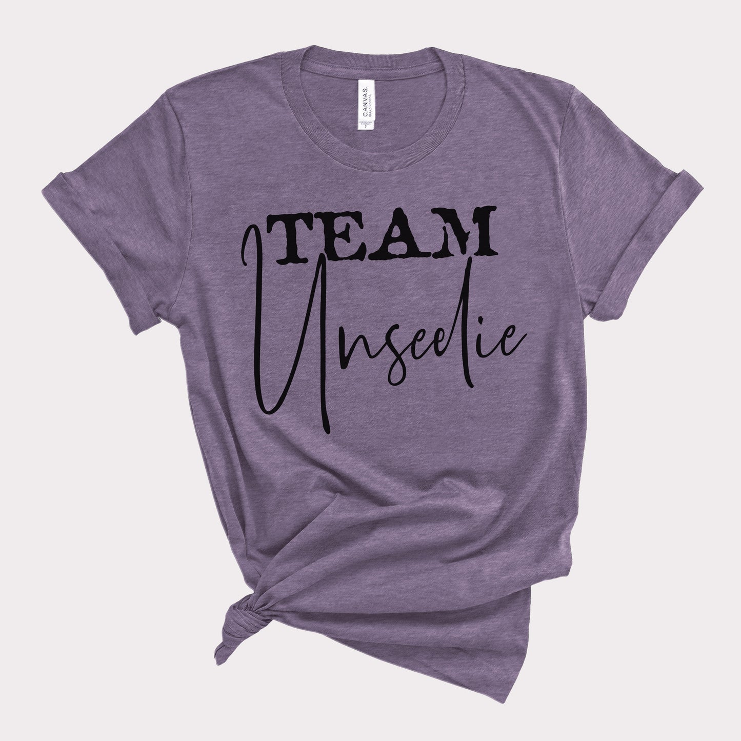 Heather Purple book t shirt that says Team Unseelie in black