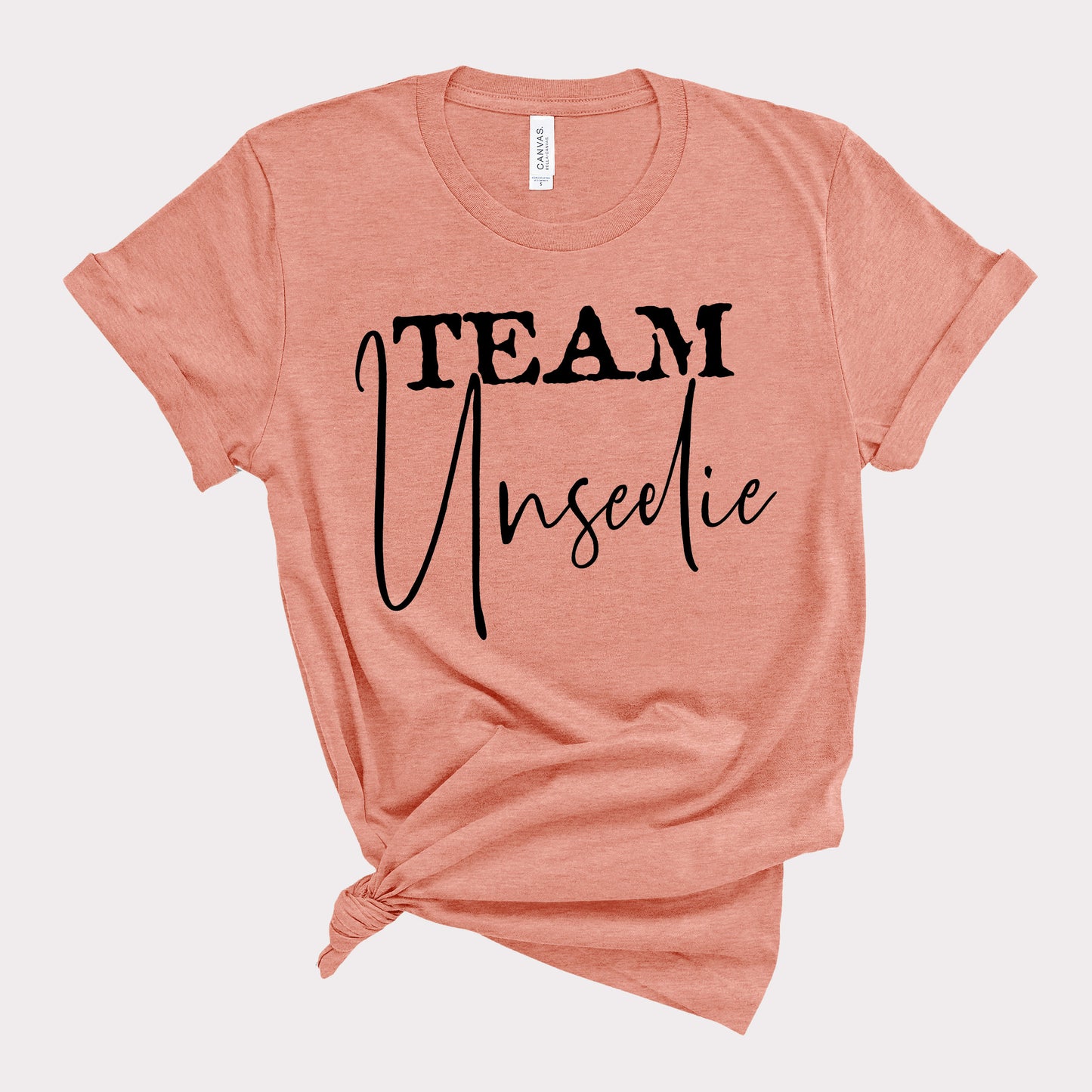 Heather Sunset shirt with team unseelie in black text