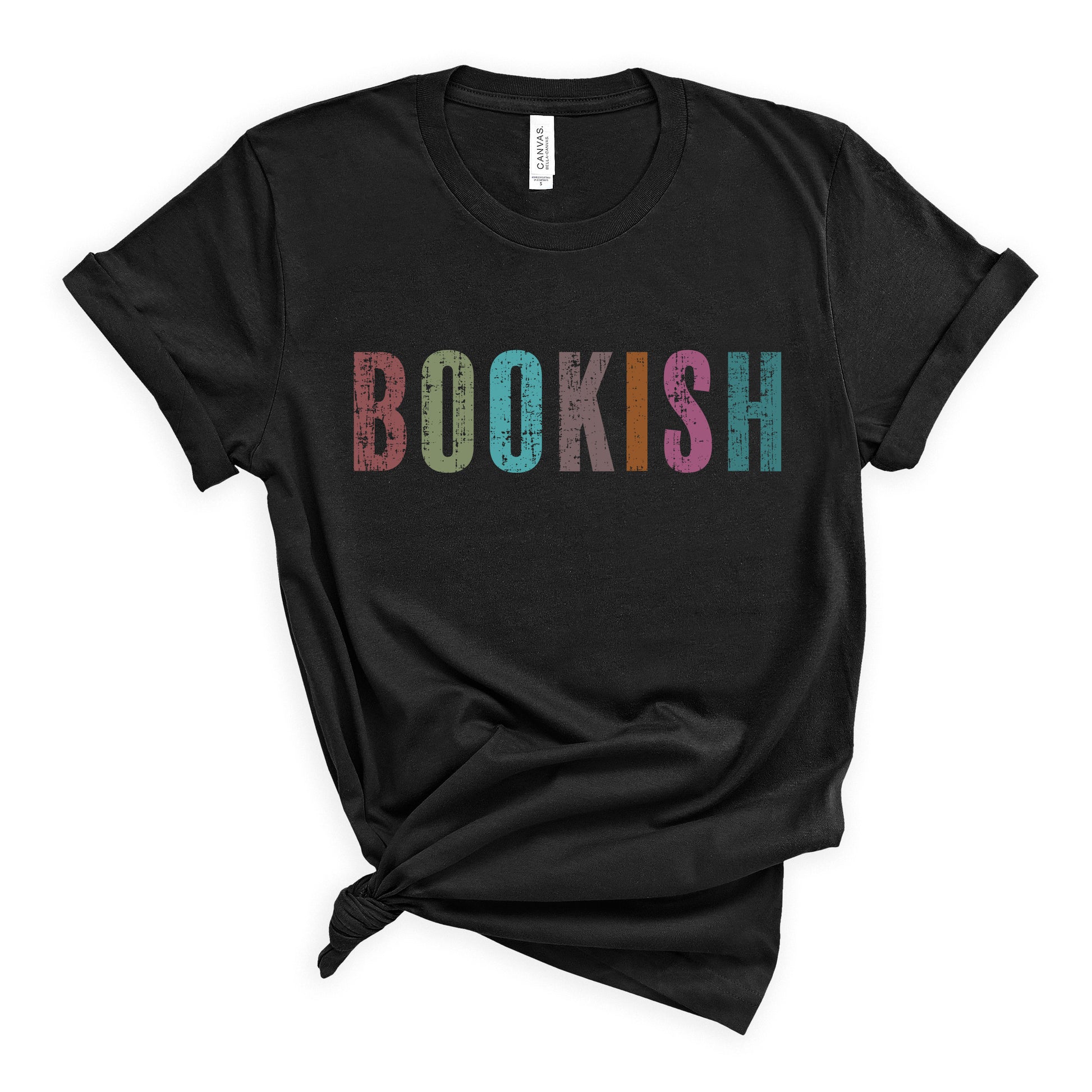 Black Bookish t-shirt with colorful text