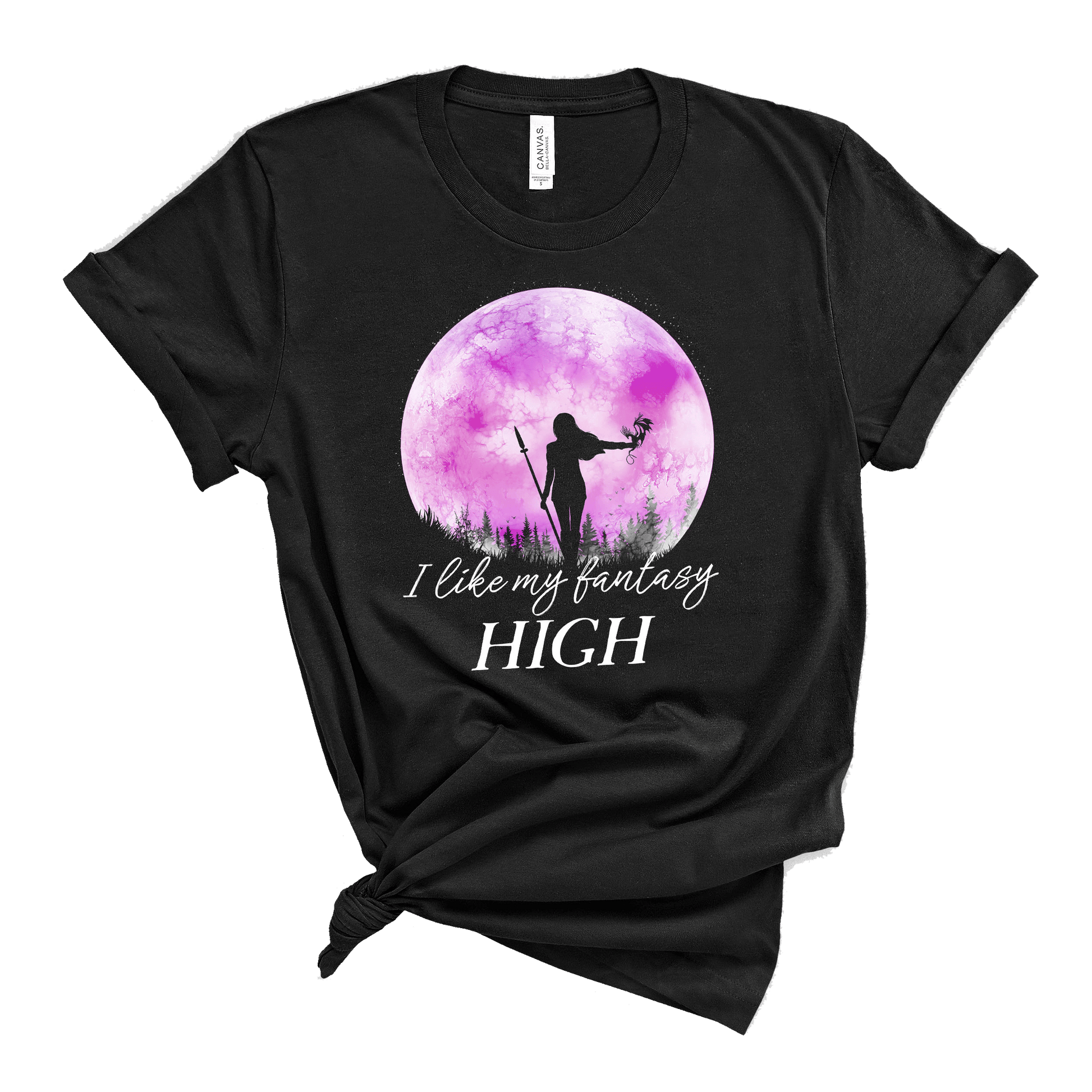 black t shirt I like my fantasy high female warrior with dragon against a pink full moon