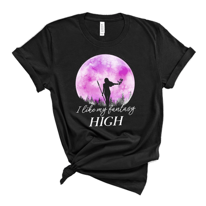 black t shirt I like my fantasy high female warrior with dragon against a pink full moon