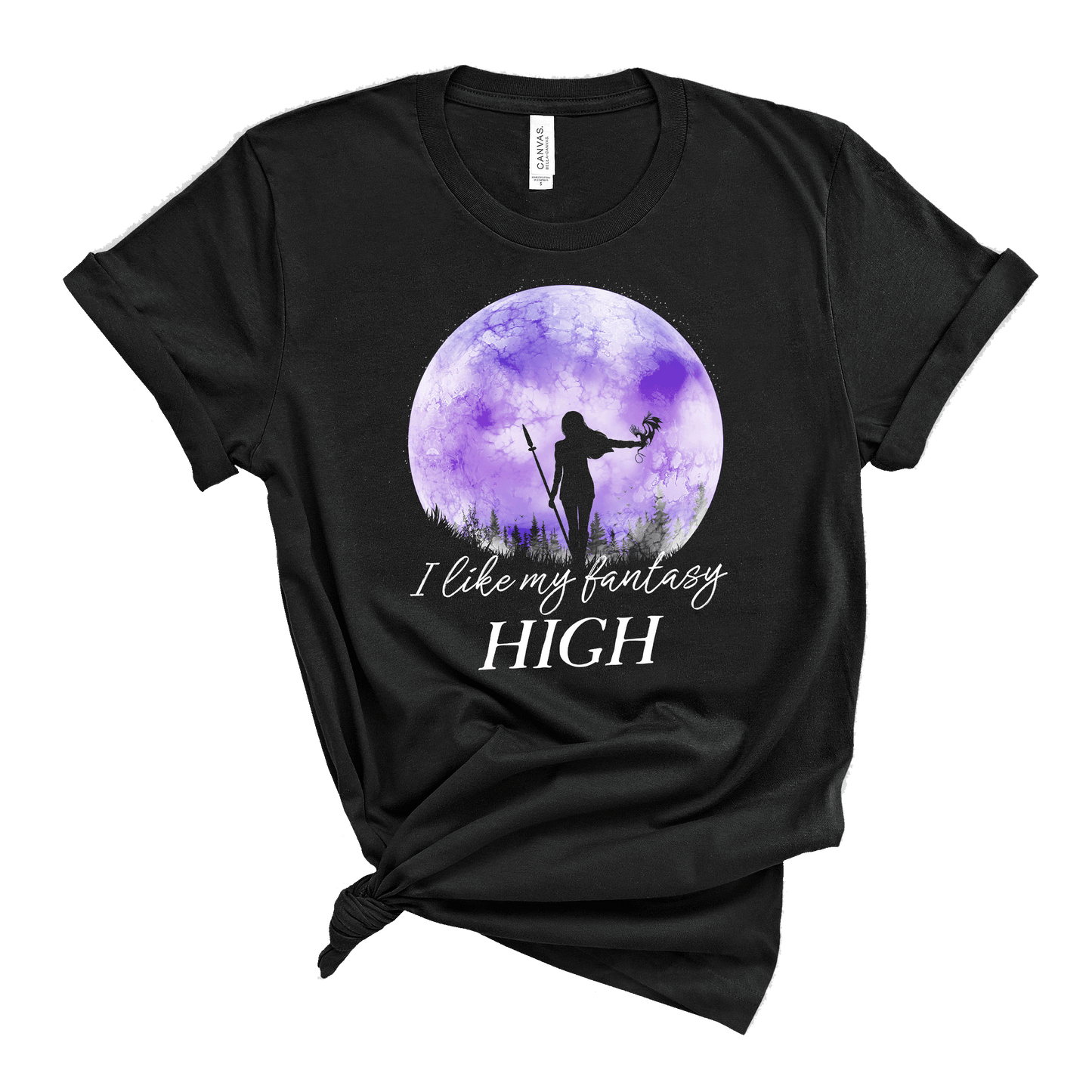 black tee I like my fantasy high book t-shirt female warrior with dragon against a purple full moon