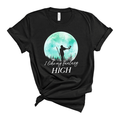 I like my fantasy high black tee with a female warrior with dragon against a teal full moon
