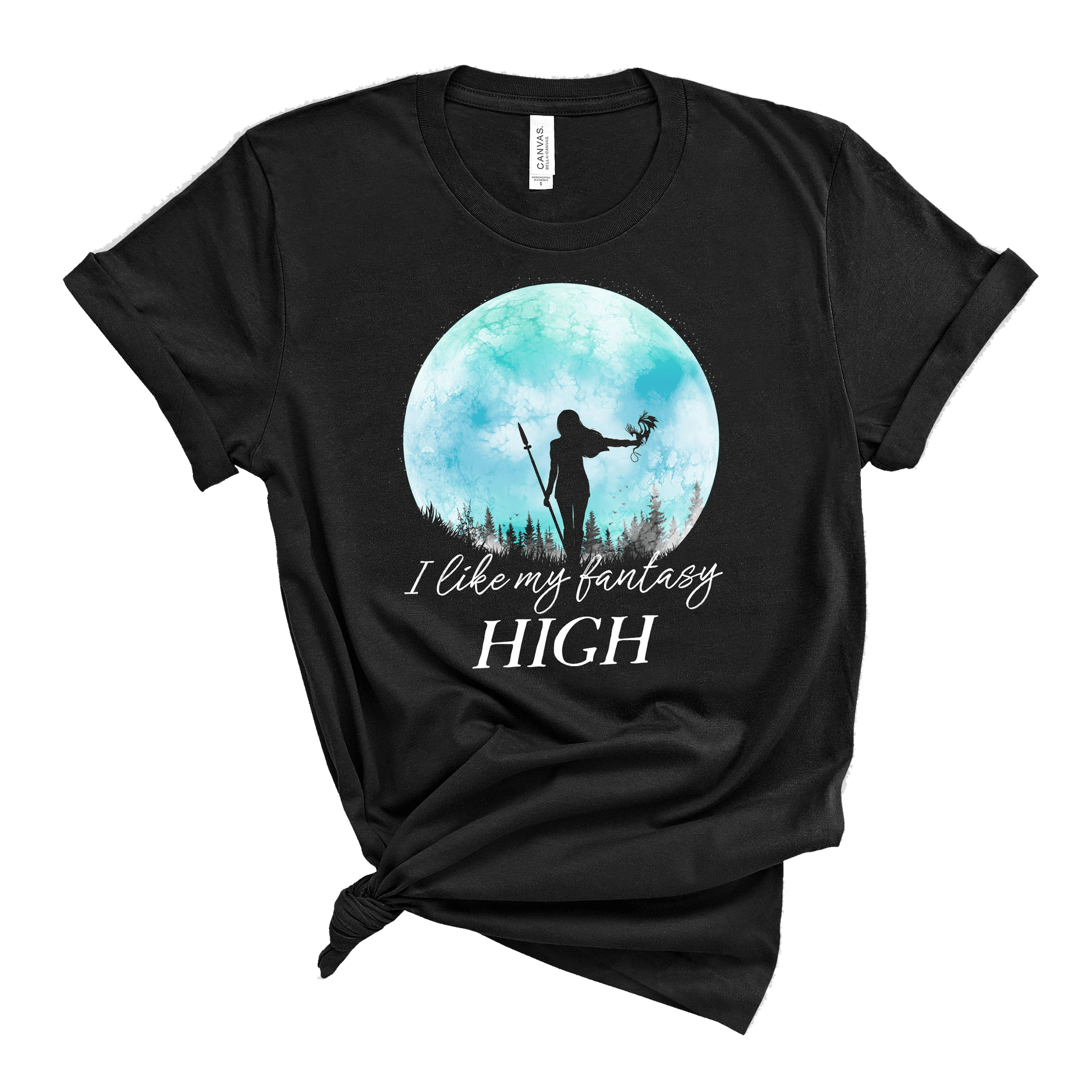 Black shirt with I like my fantasy high female warrior with dragon against a turquoise full moon