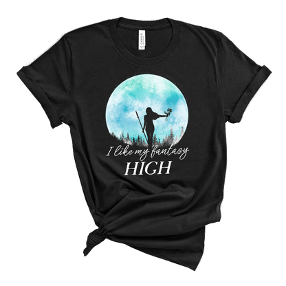 Black shirt with I like my fantasy high female warrior with dragon against a turquoise full moon