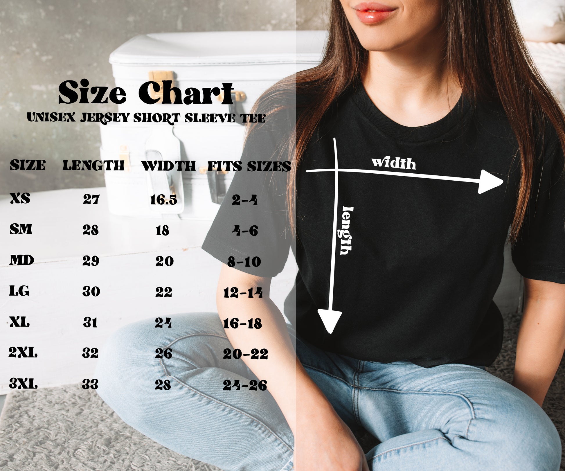 Unisex jersey t-shirt size chart